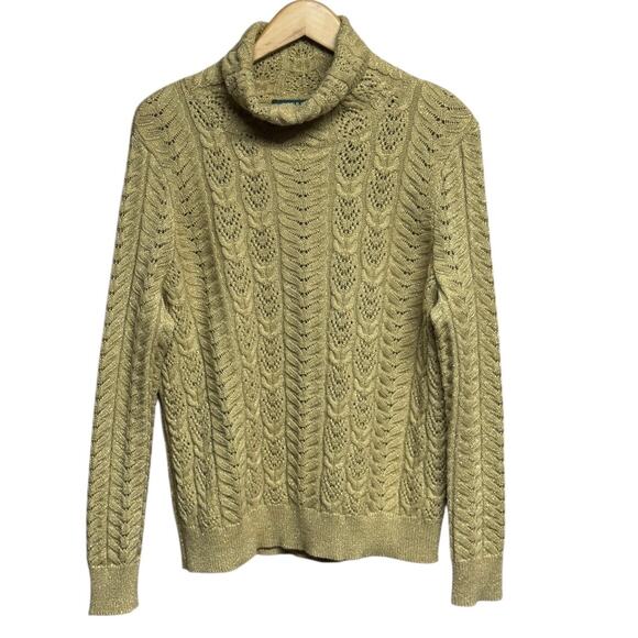 LRL Ralph Lauren Cable Knit Cashmere Blend Turtleneck Sweater Metallic Large - Picture 3 of 10